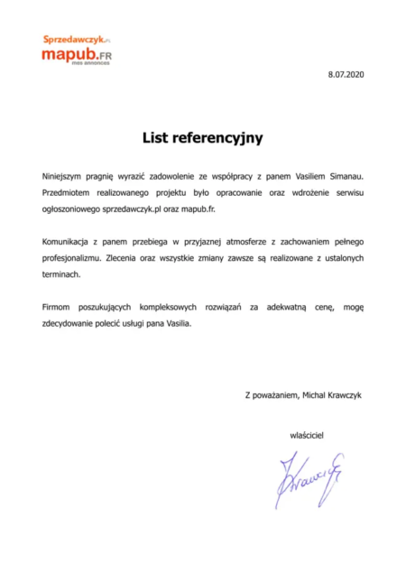 List referencyjny wyrażający zadowolenie ze współpracy nad stroną ogłoszeniową od Pana Michała Krawczyka