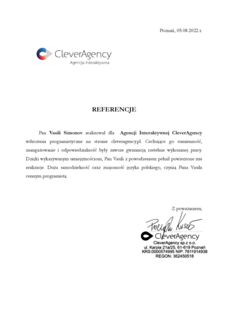 Referencje od Agencji Interaktywnej CleverAgency za wdrożenie programistyczne na stronie firmowej